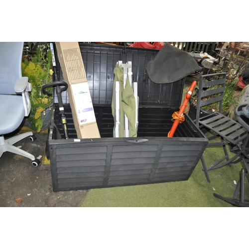 210 - A GARDEN STORAGE BOX IN GOOD CONDITION MEASURING 52CM BY 118CM BY 55CM TALL