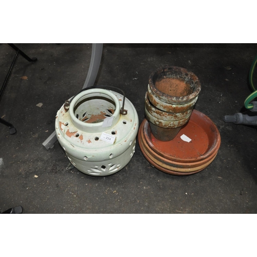 224 - TERRACOTTA LANTERN, POTS AND PLANT POT TRAYS