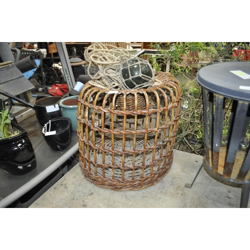 234 - GOOD CONDITION LOBSTER BASKET AND GLASS FISHING FLOATS 20 INCH