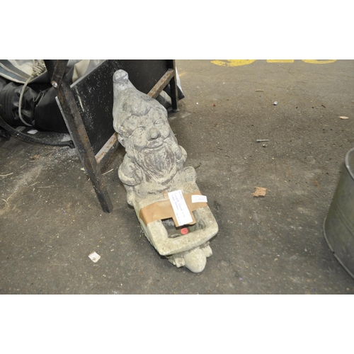 363 - CONCRETE GARDEN GNOME WITH WHEELBARROW PLANTER