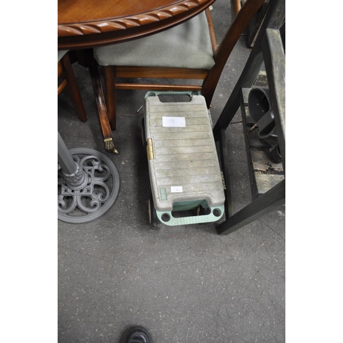 371 - 4 WHEELED GARDENERS TROLLEY WITH BULB PLANTER AND FORK