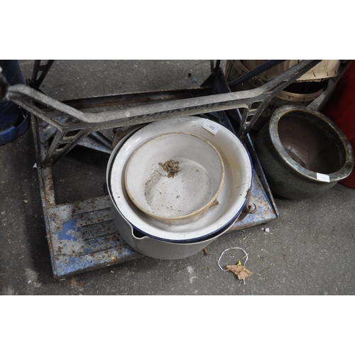 392 - JAM PAN, ENAMELLED PAN AND A GLAZED BOWL ETC