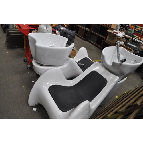 408 - 2 X PROFESSIONAL SALON CHAIRS WITH HAIR WASHING BOWLS PLUS ALL PLUMBING ATTACHMENTS