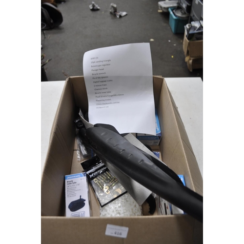 416 - BOX CONTAINING VARIOUS NEW SILVERLINE BRANDED ITEMS INC PLASTERER'S TROWEL, DRILL BITS, CHAMOIS BLOC... 