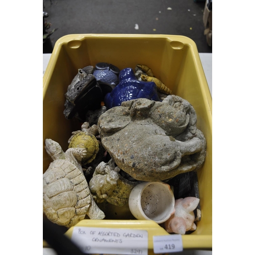419 - A BOX OF MIXED GARDEN ORNAMENTS INC. ELEPHANT, TORTOISES AND OTHERS