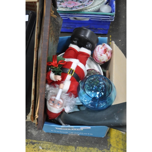 193 - MISC HOUSEHOLD ITEMS INC A LARGE BAG OF MARBLES, PLASTIC FLOWERS, FIGURINES, A SANTA FIGURE AN OLD P... 