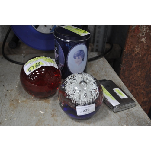 229 - 2 X HEAVY PAPERWEIGHTS - CHARLES AND DIANA TIN, CIGARETTE CASE AND LIGHTER