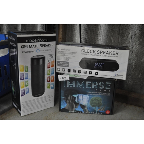 230 - BOXED WIFI SPEAKER, BOXED DIGITAL BLUETOOTH CLOCK SPEAKER AND A BOXED VR HEADSET