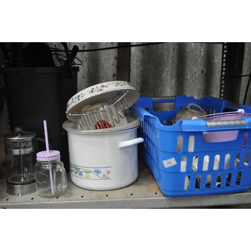 235 - SHELF OF MISC HOUSEHOLD INC. WENSLEYDALE POTTERY, BUTTER DISH, COFFEE PERCULATOR, LARGE SAUCEPAN AND... 