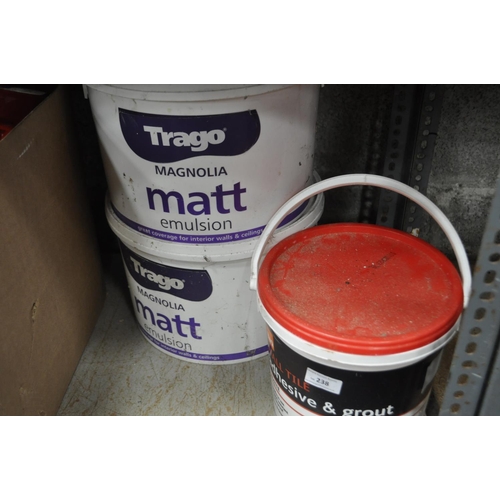 238 - A FULL 5 LITRE TUB OF TILE ADHESIVE / GROUT PLUS 2 X PART FULL TRADE PAINT 10L TUBS
