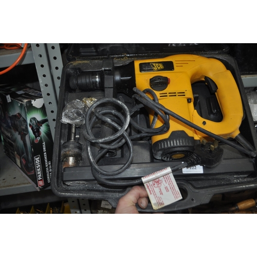 102 - A CASED JCB SDS DRILL / BREAKER AND A TUB OF MISC ITEM INC CHAINS, FILES, SPANNERS AND MORE