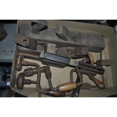 106 - A BOX OF ANTIQUE WOODEN HAND TOOLS INC DRILLS, PLANES, FILES AND MORE