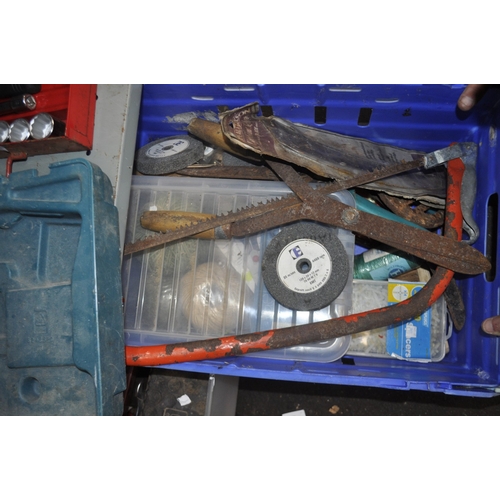 110 - A TUB OF MISC TOOLS INC BAND SAW, SHEARS, TWINE, TILE SPACERS, GRINDING WHEELS AND MORE