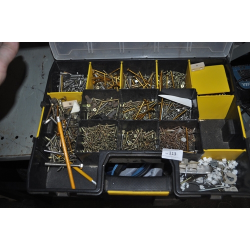 113 - A TOOL ORGANIZER FILLED WITH VARIOUS SCREWS AND FASTENERS