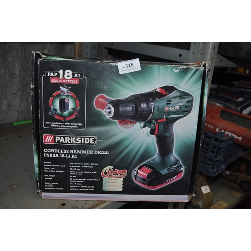 116 - A BOXED PARKSIDE CORDLESS HAMMER DRILL PSBSA 18-LI A1 WITH CHARGER AND BATTERY - APPEARS UNUSED