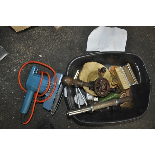 76 - A TUB OF MISC INC BLACK AND DECKER SANDER, MATCHING CIGARETTE CASE AND ASHTRAY, HAND TOOLS AND MORE
