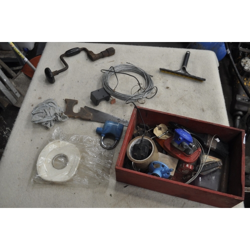 79 - A WOODEN BOX OF VINTAGE TOOLS AND HARDWARE INC BRACE DRILL, SAW, LPG GAS REGULATORS, COIL OF WIRE PA... 