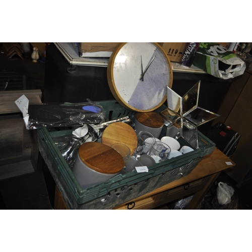 1074 - A LARGE CRATE OF HOUSEHOLD MISC INC LIDDED POTTERY STORAGE JARS, SLIM JIM DRINKING GLASSES, STAR MIR... 