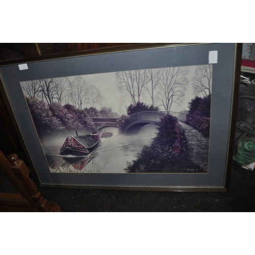 1152 - A LARGE FRAMED PRINT DEPICTING A CANAL SCENE FROM DAYS AFORE