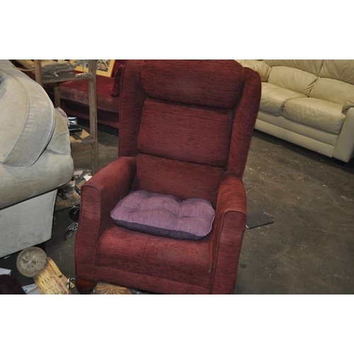 1270 - A CLARET COLOURED VINTAGE ARMCHAIR WITH QUEEN ANNE STYLE LEGS FROM HSL