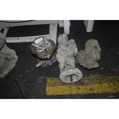 212 - THE 3 X GARDEN CONCRETE ORNAMENTS INCLUDING THE COLOURED OWL THE WOMAN AND THE BIRD BATH ORNAMENT