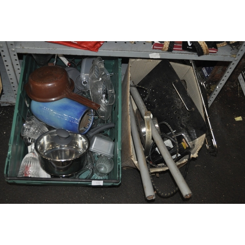 328 - TWO CONTAINERS OF MISC INC POTS, PANS, MARTINI GLASSES, PYREX OVEN DISHES, VINTAGE IRON AND MORE