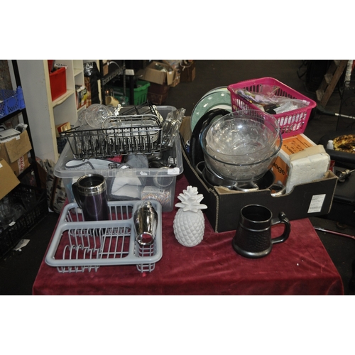 426 - 3 CONTAINERS OF KITCHEN ITEMS INC DRAINERS, FLASKS, CERAMIC TANKARD, ORNAMENTS, DR OETKER BALANCE SC... 