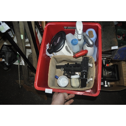 67 - RED BOX   INC IN CAR DOG SAFETY SELT, AND MIXED PART BOTTLES OF CLEANING SOLUTIONS