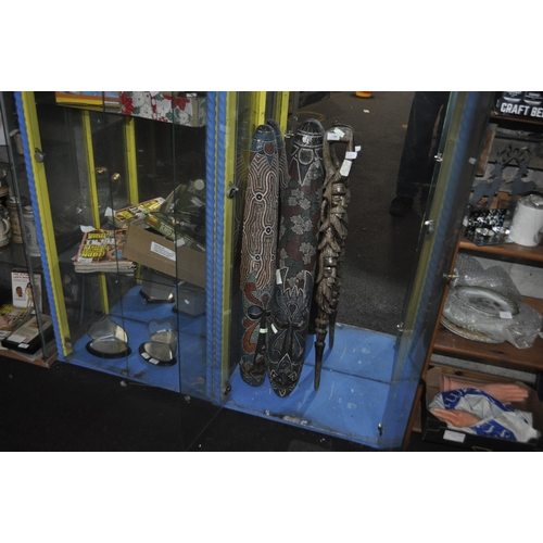 705 - PAIR OF CARVED AFRICAN MASKS AND A CARVED ABORIGINE TOTEM POLE STICK