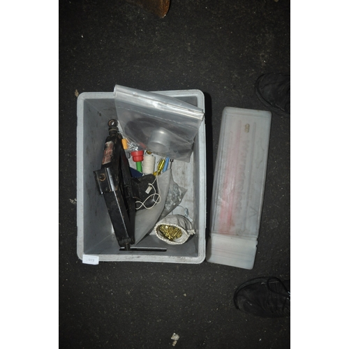 73 - TWO CONTAINERS OF MIXED HARDWARE INC SCISSOR JACK, WARNING TRIANGLE, HITACHI CHARGERS, CABLE CLIPS, ... 