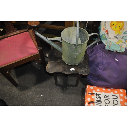 874 - A VINTAGE GALVANISED WATERING CAN PLUS A LOW WOODEN SIDE TABLE
