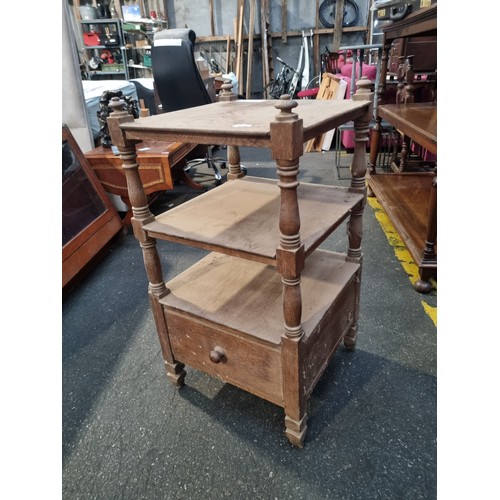 1126 - Victorian oak three tier single drawer whatnot, very dusty but in good condition.