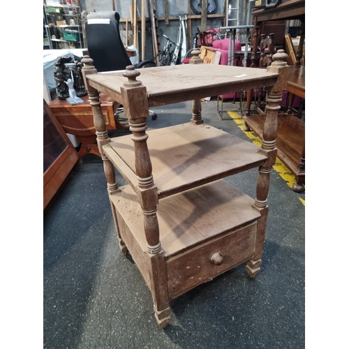1126 - Victorian oak three tier single drawer whatnot, very dusty but in good condition.
