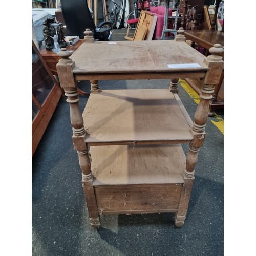 1126 - Victorian oak three tier single drawer whatnot, very dusty but in good condition.