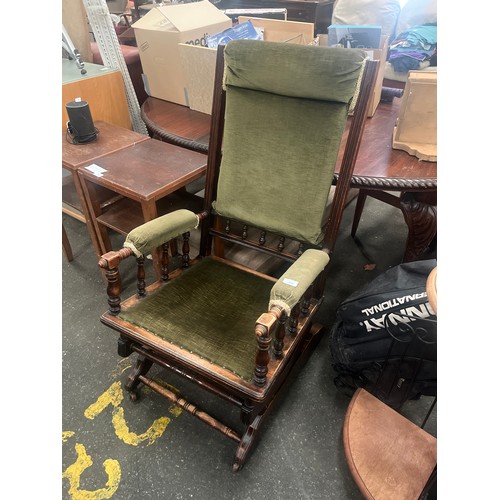 Victorian green velvet oak spring rocker