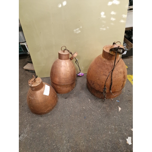 102 - Three Industrial Copper Bell-Shaped Pendant Light FittingsA trio of large industrial-style pendant... 