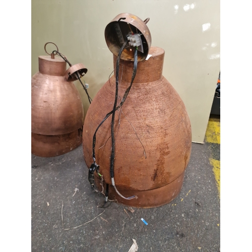 102 - Three Industrial Copper Bell-Shaped Pendant Light FittingsA trio of large industrial-style pendant... 