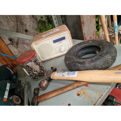 89 - A Collection of Workshop Tools, Hardware, and Electronics including Black and Decker Cordless Saw an... 