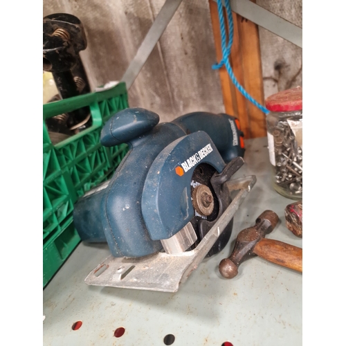 89 - A Collection of Workshop Tools, Hardware, and Electronics including Black and Decker Cordless Saw an... 