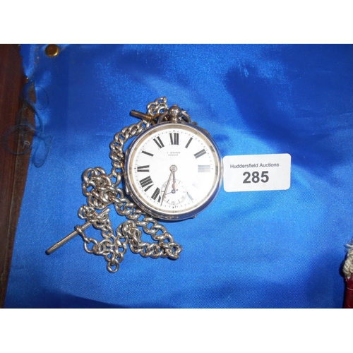 285 - Silver pocket watch and chain- Chester 1906- working order - chain weighs 64g