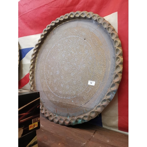 54 - Vintage brass engraved tray- 26 inch diameter