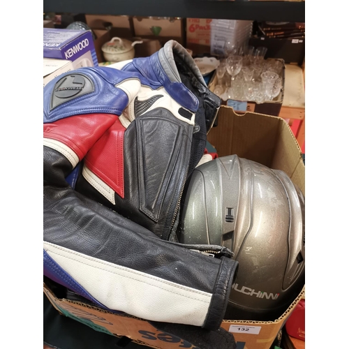 132 - Motorbike leathers and helmet- size L