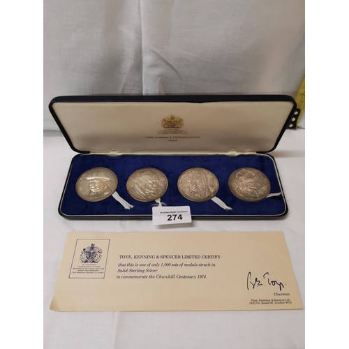 274 - Solid silver 1974 Churchill Centenary 4 medal set and case