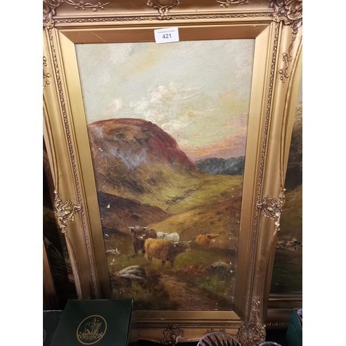 421 - Gilt framed oil on canvas- signed, Highland Cattle Scene