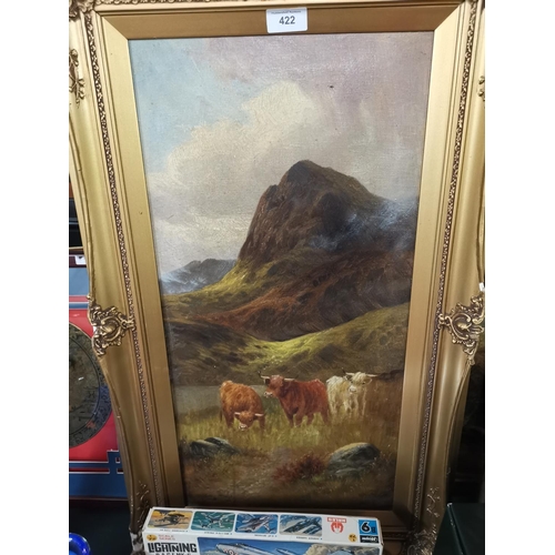 422 - Gilt framed oil on canvas- signed, Highland Cattle Scene