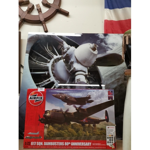 123 - Airfix Lancaster model kit plus glass photo of engine