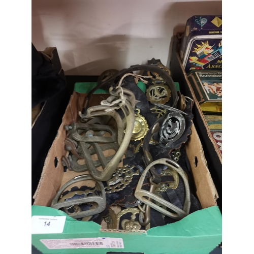 14 - Box of horse brasses and stirrups