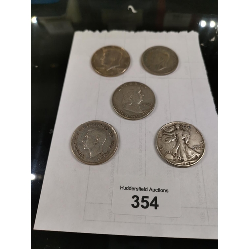 354 - 4 USA silver dollars & cents and one shilling