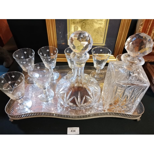 434 - Silver plate tray, decanters and glasses