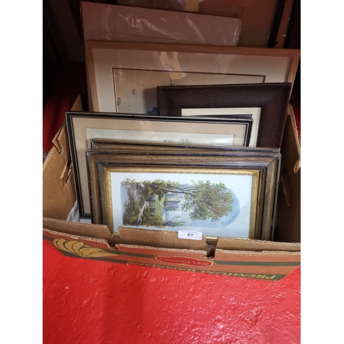 87 - Box of pictures including watercolours x10